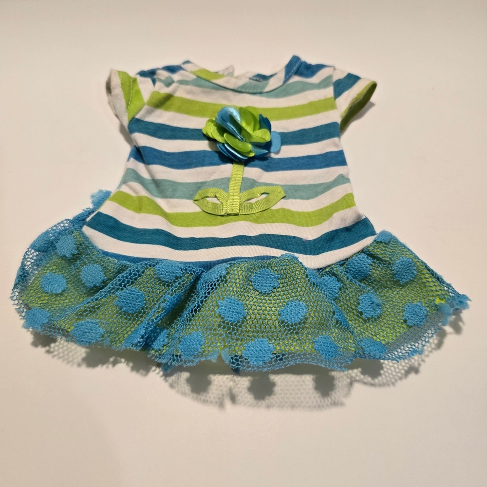 Dollie & Me 18" Doll Dress Blue Green Stripes Flower Short Sleeve